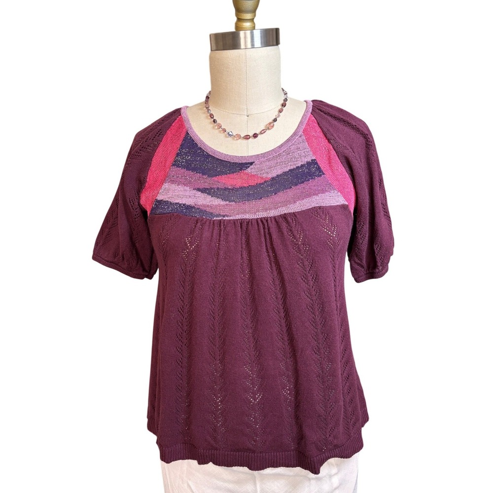 Pointelle Metallic Abstract DKNY Jeans Knit Top M Purple
